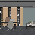 Modern Office Interior Design With Wooden Bookshelves Glass Partitions Sofa And Office Chairs