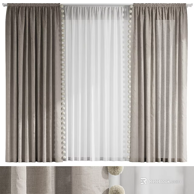 Elegant Gray Velvet Curtains With White Sheer Panels And Beaded Edge Trim 3d model 
