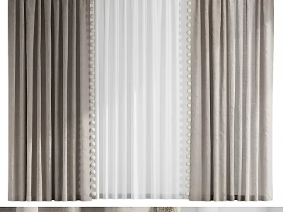 Elegant Gray Velvet Curtains With White Sheer Panels And Beaded Edge Trim 3d model