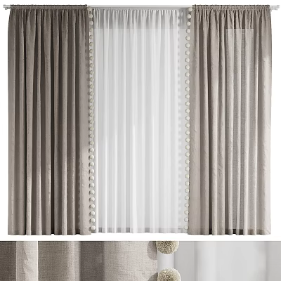 Elegant Gray Velvet Curtains With White Sheer Panels And Beaded Edge Trim 3d model