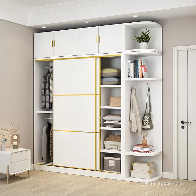 Modern White Wardrobe With Gold Sliding Doors Hanging Folded Clothes Open Shelves Books Plant Bag 3d model 