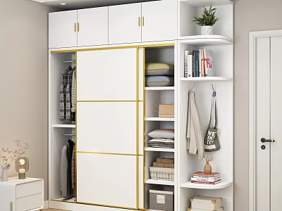 Modern White Wardrobe With Gold Sliding Doors Hanging Folded Clothes Open Shelves Books Plant Bag 3d model