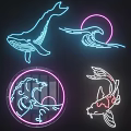 Neon Decorative Lights with Whale Wave Circular Koi Fish Designs in Blue Pink White