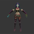 Game Fantasy Character With Purple Hood Red Black Cropped Top Fishnet Waist Glowing Blue Orbs