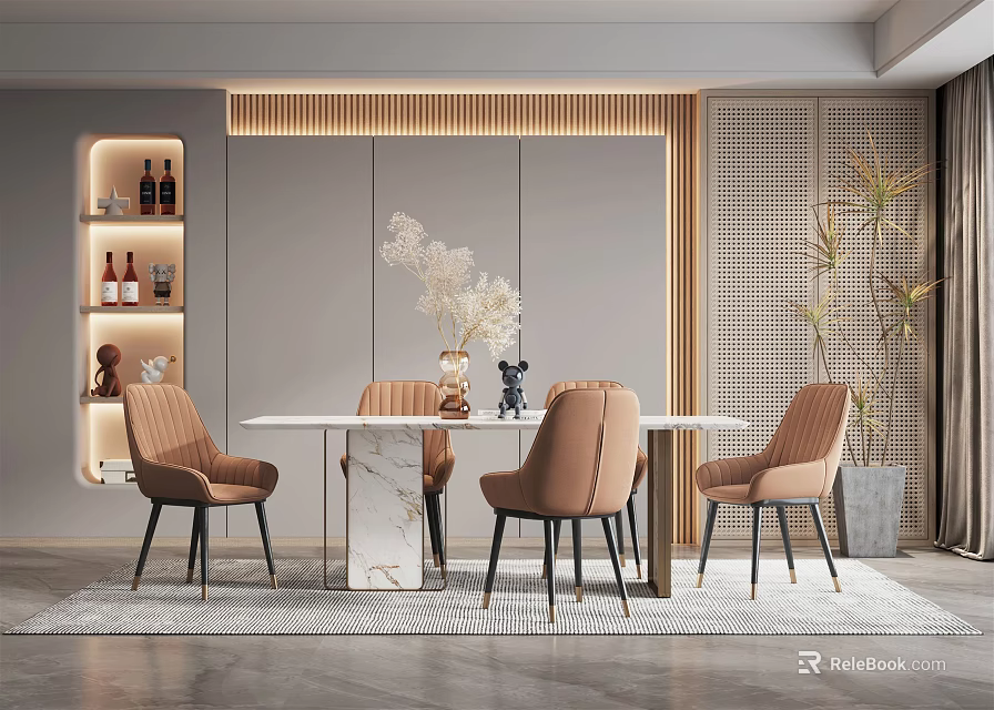 Modern Elegant Restaurant Interior With Marble Dining Table Light Brown Chairs And Lit Shelves 3d model 