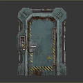 Rusted Teal Industrial Door With Metal Frame Control Panel And Yellow Warning Stripes