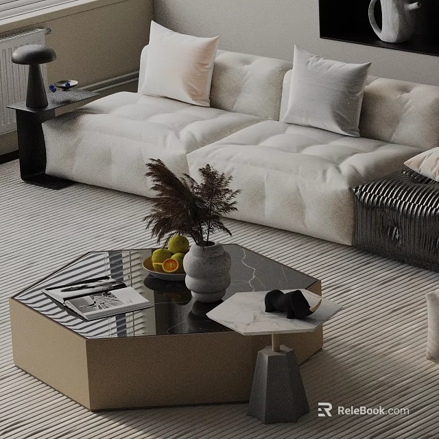 Modern Beige Sofa and Hexagonal Coffee Table Set with Green Plants Fruits Magazine and Pillows 3d model 