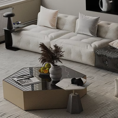 Modern Beige Sofa and Hexagonal Coffee Table Set with Green Plants Fruits Magazine and Pillows 3d model