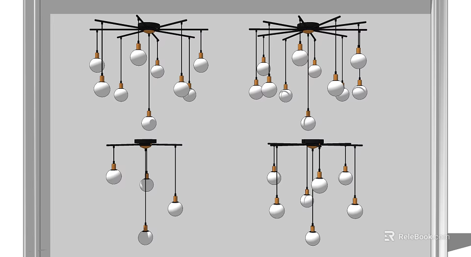 Modern Chandeliers with Multiple White Spherical Bulbs and Black Hanging Frames for Interior Decor 3d model