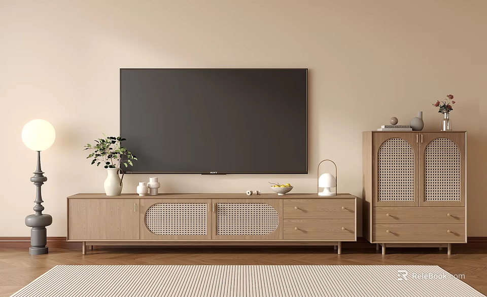 Modern Wooden TV Stand With Grid Cabinet Doors Drawers And Decorative Vases In Living Room 3d model 