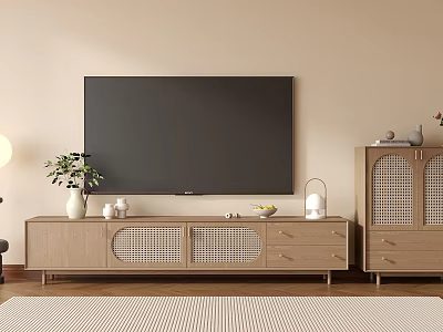 Modern Wooden TV Stand With Grid Cabinet Doors Drawers And Decorative Vases In Living Room 3d model