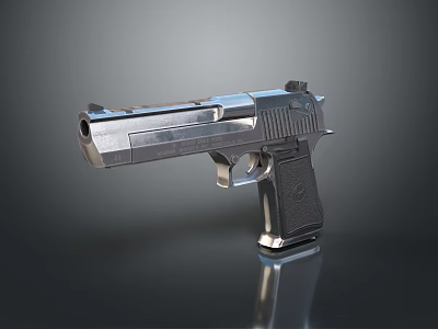 Silver Metal Pistol with Black Grip Shiny Surface on Dark Background and Reflection 3d model