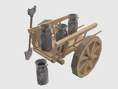 Rustic Wooden Cart With Metal Buckets And Shovel For Garden Tools 3d model