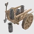 Rustic Wooden Cart With Metal Buckets And Shovel For Garden Tools