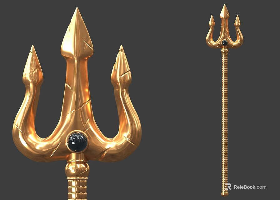 Golden Trident Weapon Featuring Black Gemstone Three Sharp Prongs And Long Decorative Handle 3d model 