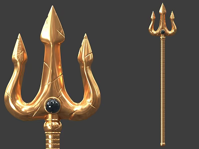 Golden Trident Weapon Featuring Black Gemstone Three Sharp Prongs And Long Decorative Handle 3d model
