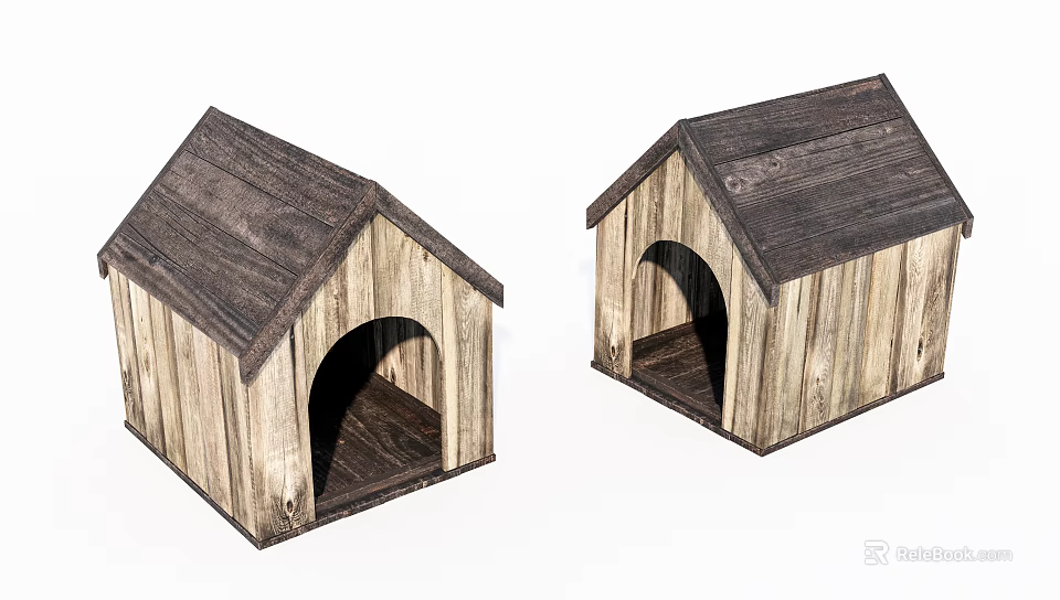 Two Rustic Wooden Dog Houses With Sloped Roofs And Arch Entrances 3d model 