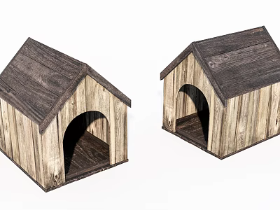 Two Rustic Wooden Dog Houses With Sloped Roofs And Arch Entrances 3d model