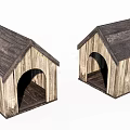 Two Rustic Wooden Dog Houses With Sloped Roofs And Arch Entrances