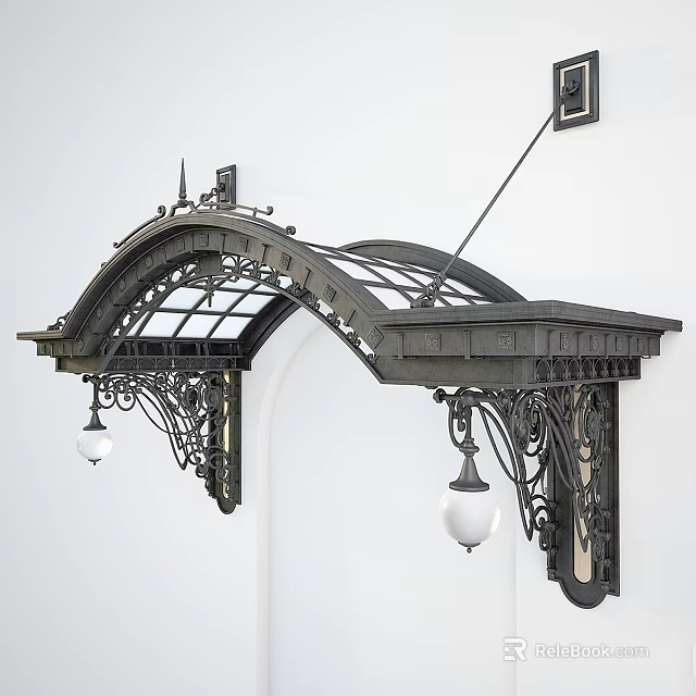 Ornate Iron Arch Structure With Glass Panels Decorative Ironwork And Hanging Lamps Design 3d model 