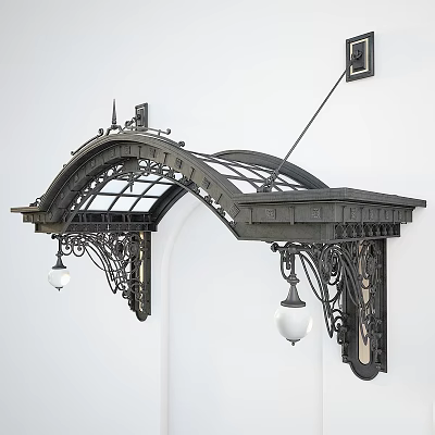 Ornate Iron Arch Structure With Glass Panels Decorative Ironwork And Hanging Lamps Design 3d model