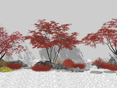 Garden Ornament With Red Maple Trees Rocks Snowy Ground And Low Red Shrubs 3d model
