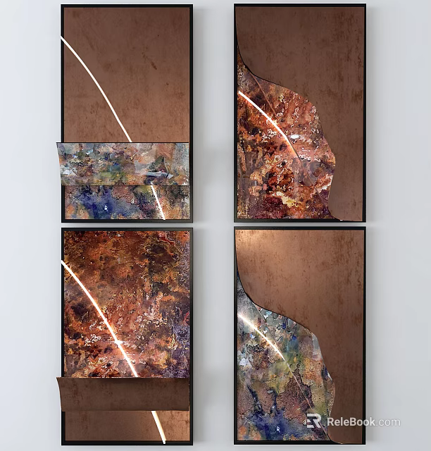 Colorful Abstract Wall Art With Black Frames And Metallic Texture Design 3d model