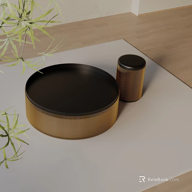 Elegant Round Coffee Table Set With Black Surface Gold Textured Base And Green Plants 3d model 