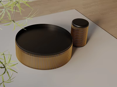 Elegant Round Coffee Table Set With Black Surface Gold Textured Base And Green Plants 3d model