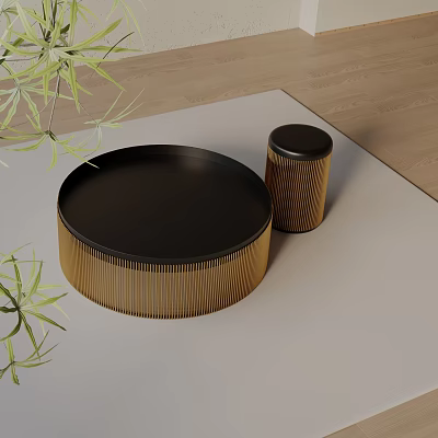 Elegant Round Coffee Table Set With Black Surface Gold Textured Base And Green Plants 3d model