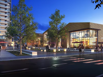 Vibrant Commercial Street With Modern Glass Buildings Trees Pedestrians And Night Lighting 3d model
