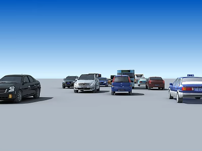 Multiple Cars of Different Types Parked in Open Area Under Clear Sky 3d model