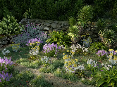 Lush Garden Landscape With Stone Wall Various Plants Purple Flowers Green Shrubs And Palm Like Foliage 3d model