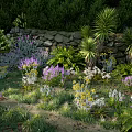 Lush Garden Landscape With Stone Wall Various Plants Purple Flowers Green Shrubs And Palm Like Foliage