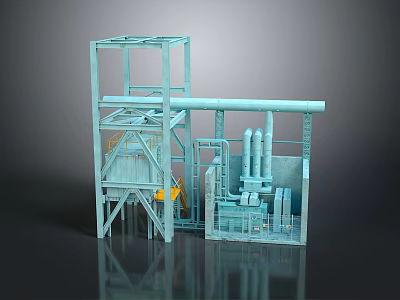 Industrial Equipment 3D Model with Metal Frame Pipes and Processing Unit Structure 3d model