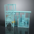 Industrial Equipment 3D Model with Metal Frame Pipes and Processing Unit Structure