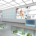 Curved Blue Illuminated Reception Desk In Modern Interior With White And Blue Shelves Green Plants