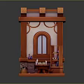 Miniature Scene Structure with Red Frame Arched Window Small Bookshelf Table Vase and Books