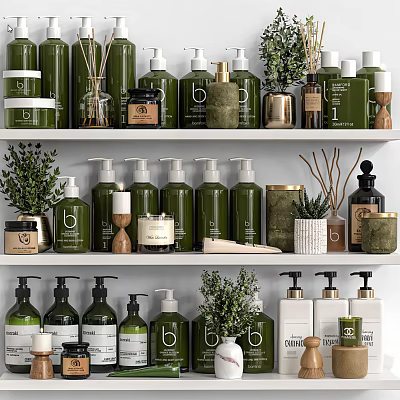 Various Daily Cleaning Products With Green Pump Bottles And Jars On Shelf 3d model Various Daily Cleaning Products With Green Pump Bottles And Jars On Shelf 3d model