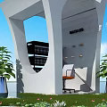 Modern Public Office Space With White Open Structure Black Bookshelf Chair And Green Plants