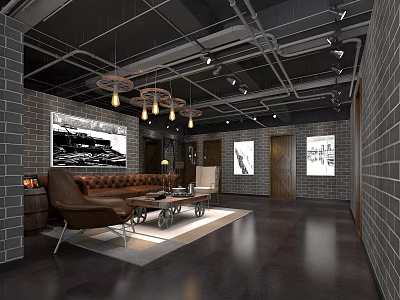 Industrial Style Leisure Area with Brick Walls Pendant Lights Leather Sofa and Decorative Paintings 3d model