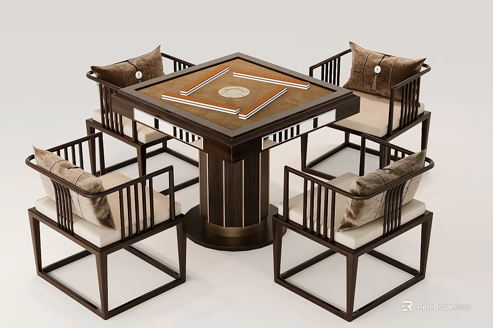 Chinese Style Square Table and Chair Set with Solid Wood Frame and Cushioned Back Chairs 3d model 