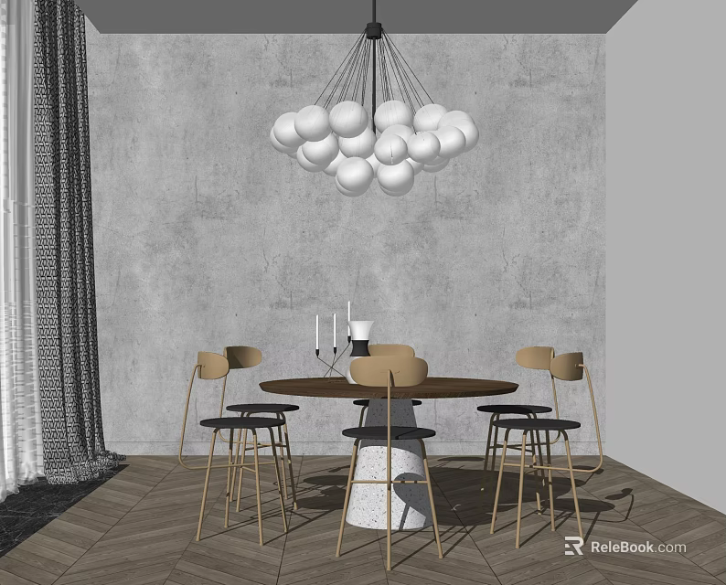 Dining Table Set With Modern Round Table Chairs White Sphere Pendant Light Gray Textured Wall 3d model