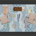 Pink Cartoon Animal Shaped Nightstands on Blue Mat with Ocean Themed Patterns