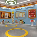 Cultural Art Exhibition Hall Interior With Blue Walls Display Shelves Artworks And Circular Ceiling Lights