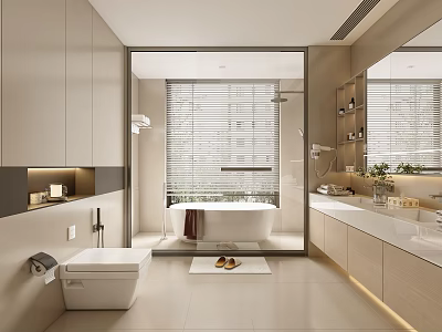 Modern Bathroom Interior Design With Light Colored Cabinets Bathtub And Large Mirror 3d model