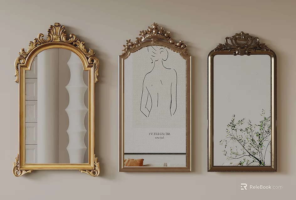 Three Elegant Mirrors with Golden Ornate Frames Line Art Plant Decor Reflecting Room Interior 3d model 