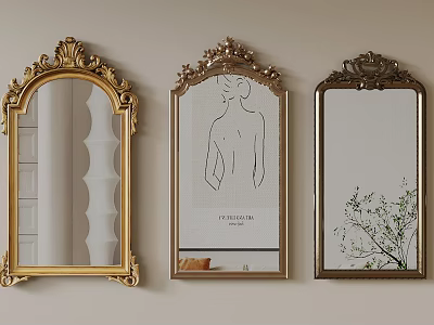 Three Elegant Mirrors with Golden Ornate Frames Line Art Plant Decor Reflecting Room Interior 3d model