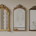 Three Elegant Mirrors with Golden Ornate Frames Line Art Plant Decor Reflecting Room Interior