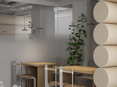 Modern Café Interior With Open Layout Tables Chairs Pendant Lights And Green Plants 3d model